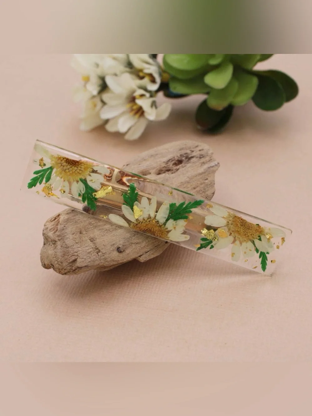 Clear Resin Floral Daisy Barrette with Gold Leaf Accents